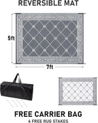 HiiARug Reversible Mat Plastic Outdoor Rugs for Patios Clearance Waterproof Plastic Straw Rug Large Area Rug for Outdoor, Porch, Patio, RV,Camping,5x7Ft, Grey