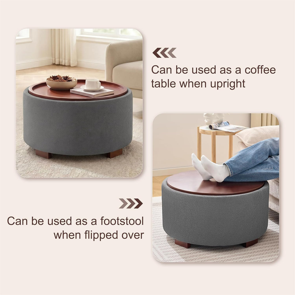 29.1 Inch Round Ottoman Coffee Table, Ottoman with Storage, Boucle Grey | Storage Ottoman with Removable Lid Top, Solid Wood Legs, Round Ottoman for Living Room, Bedroom, Apartments