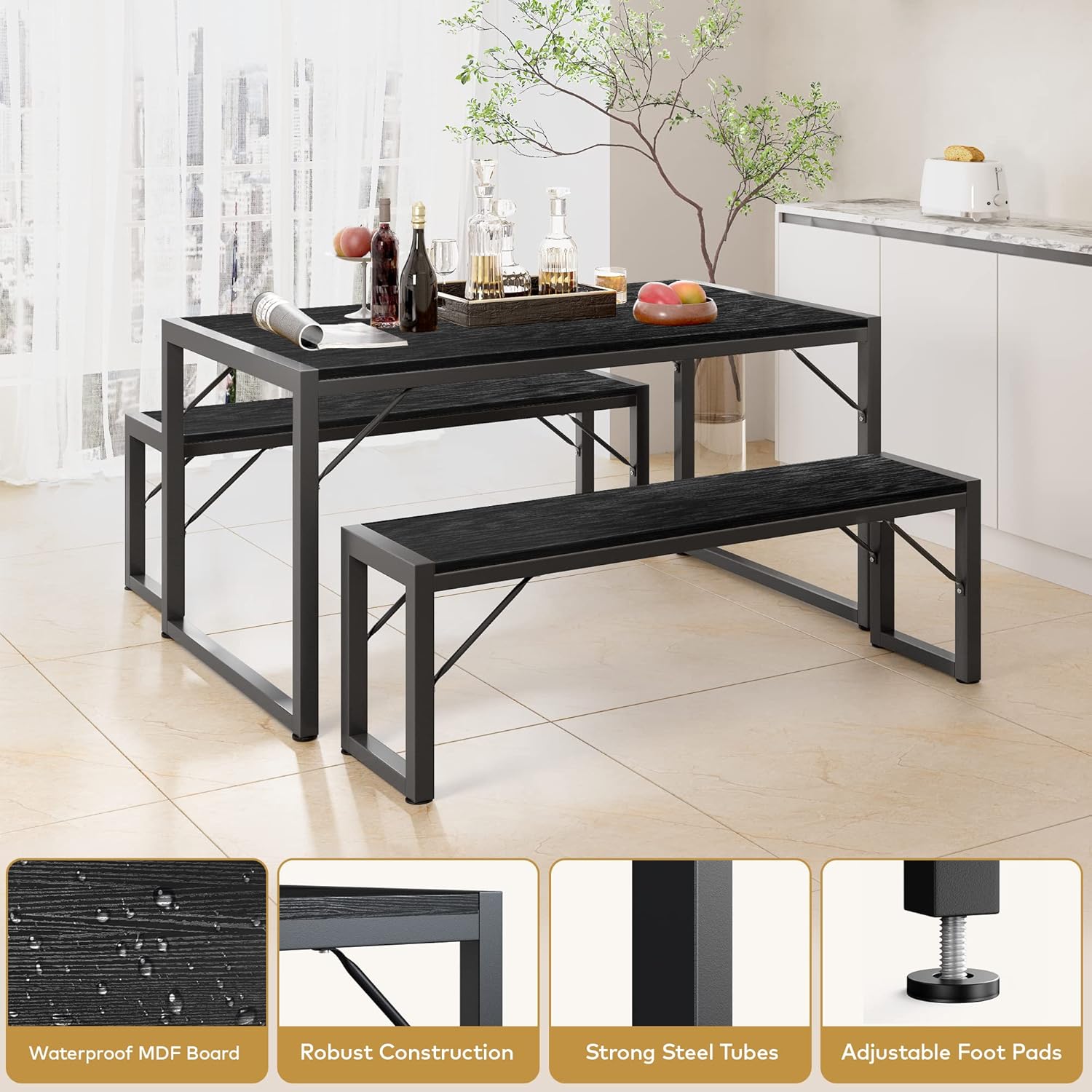 Gizoon 45.5" Dining Table Set for 4, Kitchen Table with 2 Benches Black | Space-saving black 4-person table set with 2 benches. Steel frame & MDF board. Benches tuck under table. 330lbs capacity.