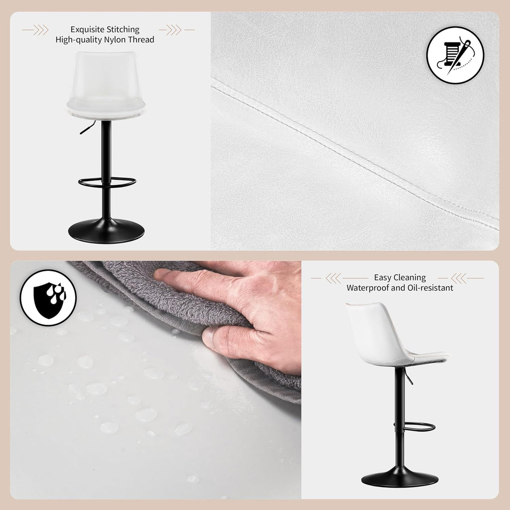 STOOLINK Adjustable Bar Stools Set of 2, Faux Leather Bar Stools with Back | Swivel Bar Chairs with 7.3" Footrest, Counter Height Bar Stools for Kitchen Island, Bistro, 17.5" Wide Seat, White