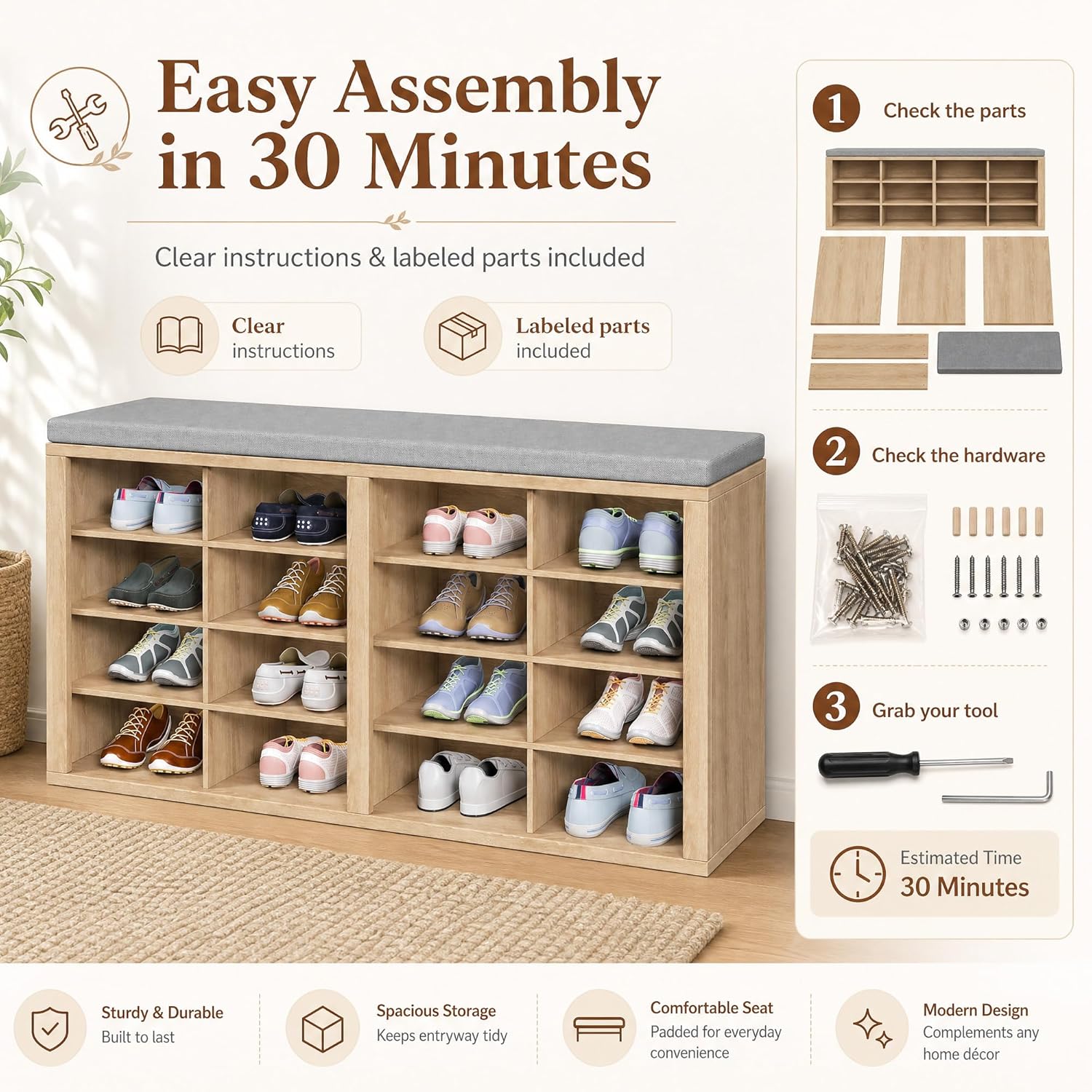 Shoe Storage Bench with Cushion, 16-Cubby Entryway Bench with Adjustable Shelves, 23" Tall Heavy Duty 700 lb Capacity, for Bedroom, Hallway, Mudroom