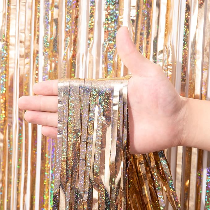 2 Pack Laser Champagne Foil Fringe Backdrop Curtains, Tinsel Streamers Birthday Party Decorations, Fringe Backdrop for Graduation, Baby Shower, Gender Reveal, Disco Party