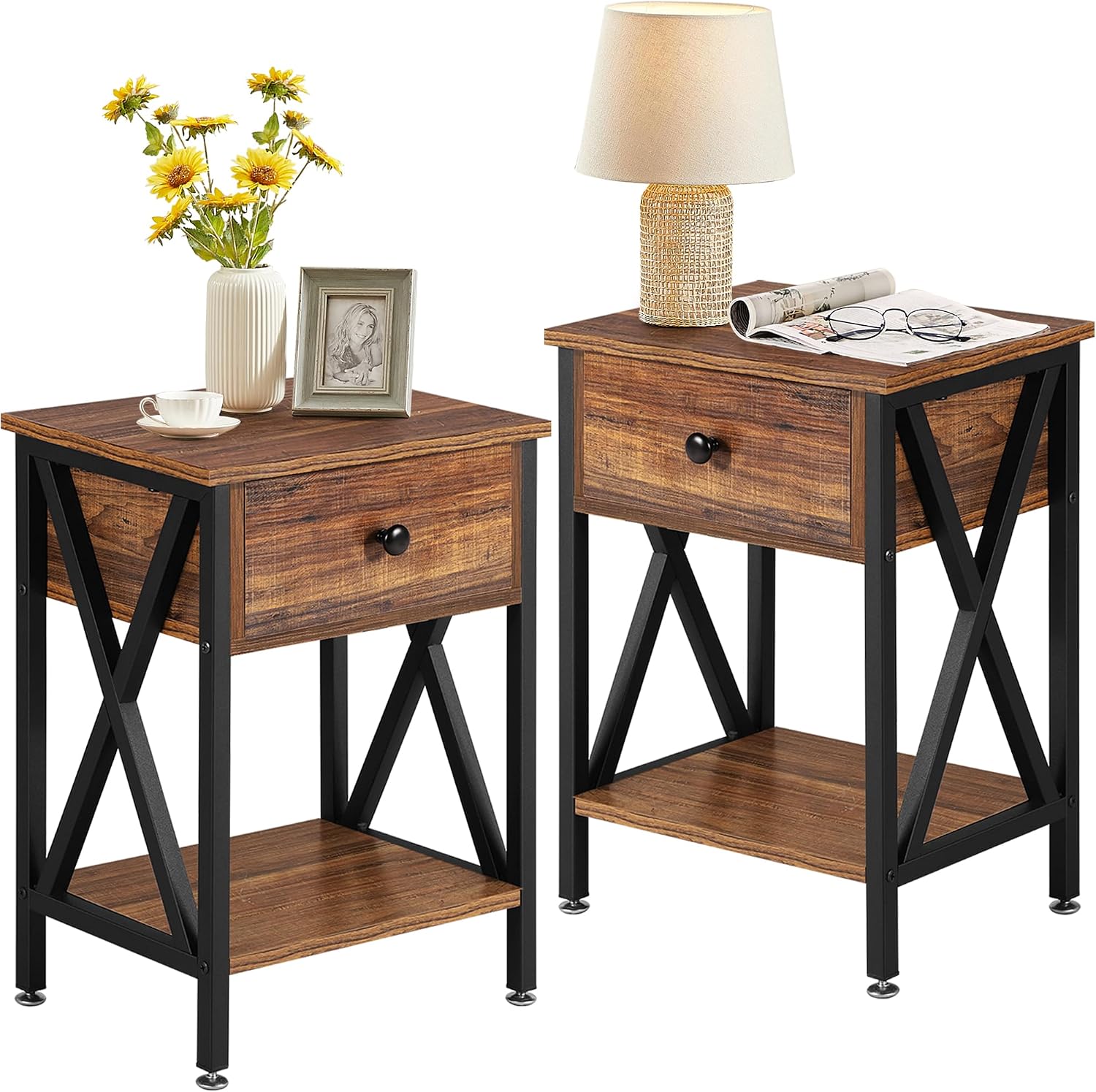 VECELO Nightstands Set of 2, Modern Bedside End Tables, Night Stands with Drawer and Storage Shelf for Living Room Bedroom, Industrial Metal Frame