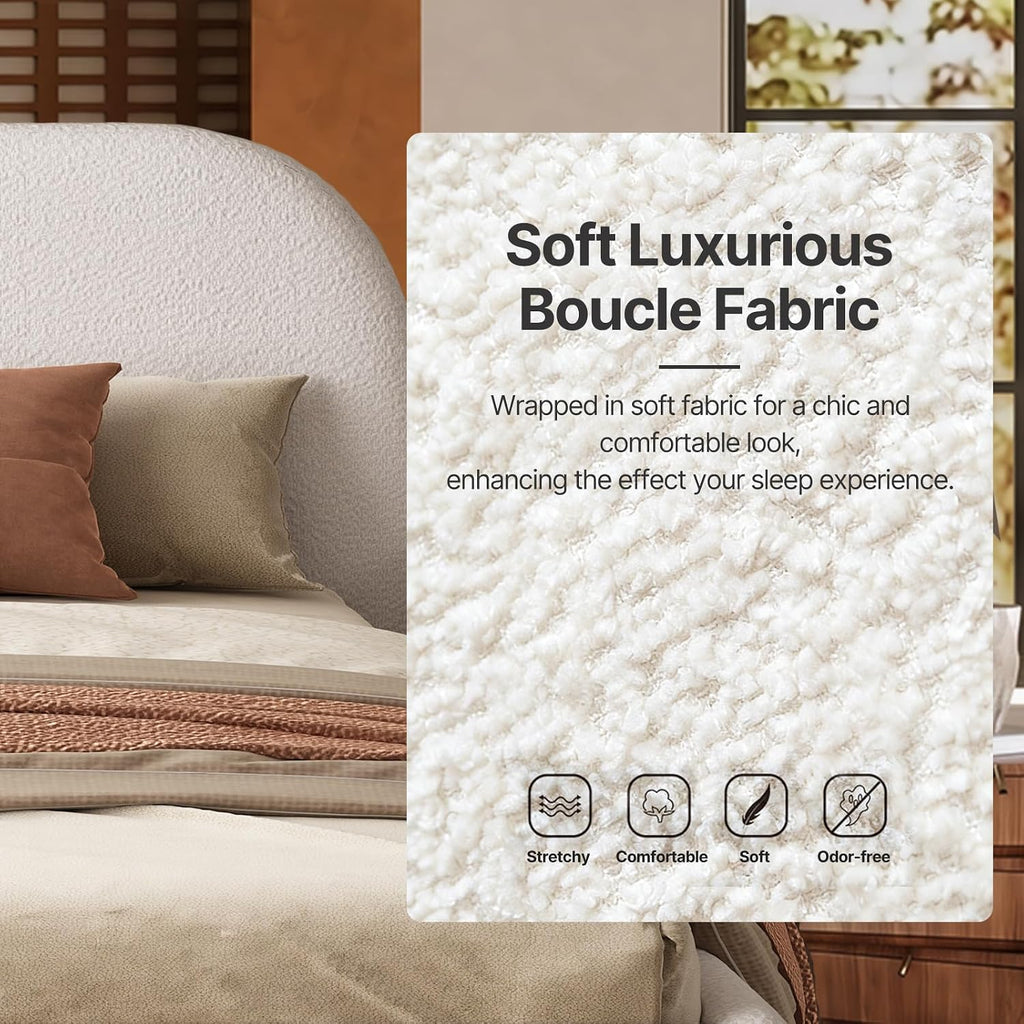 Kenhome Queen Size Boucle Cloud Bed Frame, Upholstered Platform Bed with Curved Headboard & Solid Wood Frame, Luxurious & Easy Assembly (Beige, Queen (U.S. Standard))