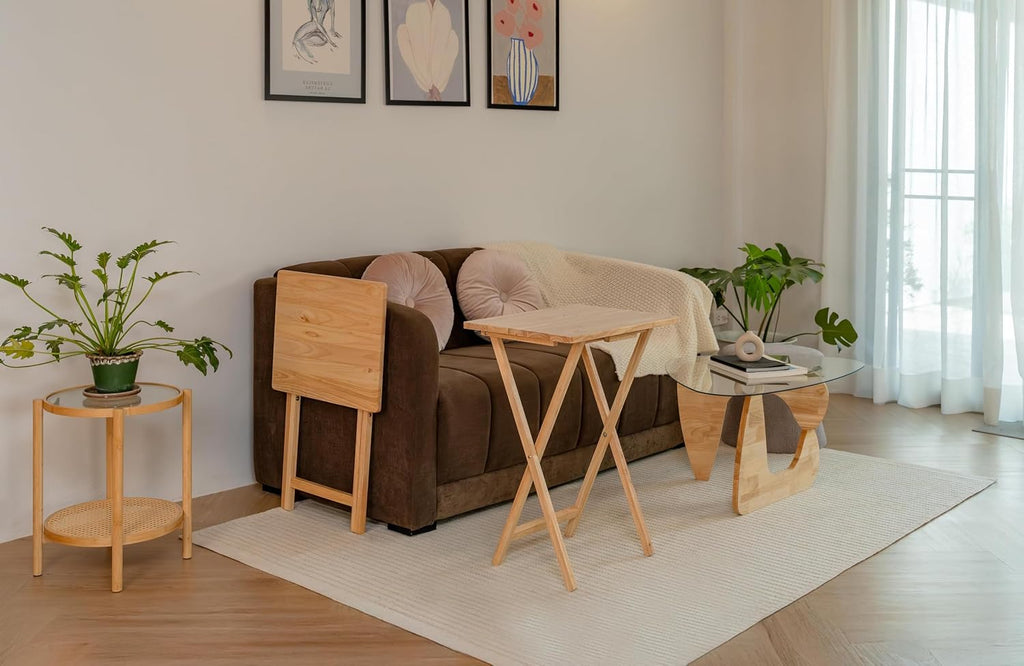 (2 Pcs) 26" Folding Tray Tables, Solid Rubberwood, Small Folding Table,Natural Wood Finish