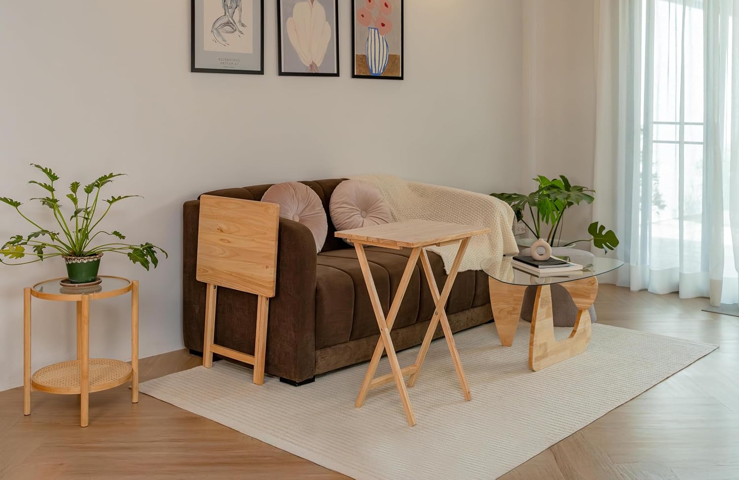 (2 Pcs) 26" Folding Tray Tables, Solid Rubberwood, Small Folding Table,Natural Wood Finish