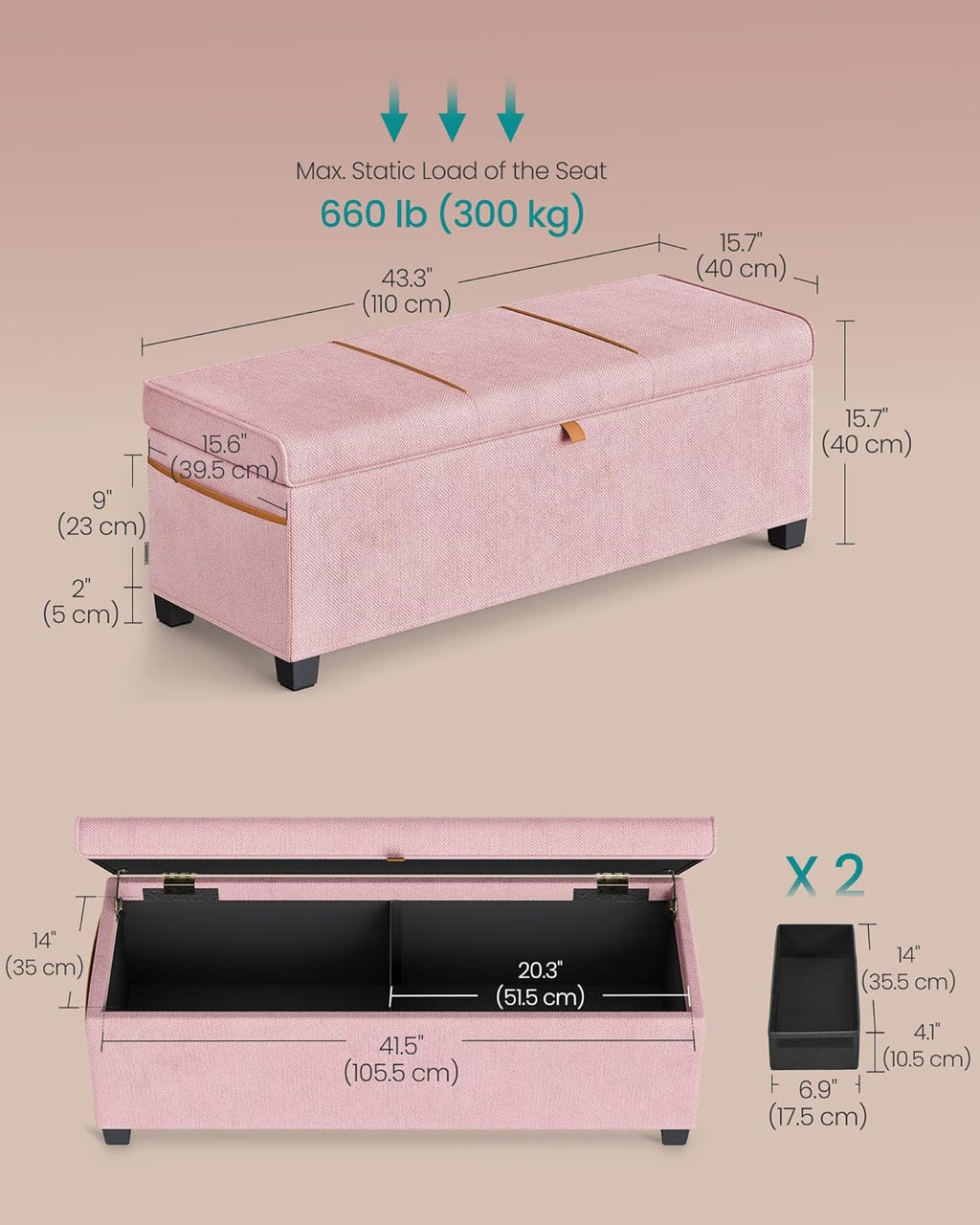 SONGMICS Storage Ottoman, 15.8 x 43.3 x 15.8 Inches, 27 Gal. (103 L) | Bench with Legs, Chenille Fabric, for Living Room, Entryway, Pink, RYEN Collection ULSF533R01