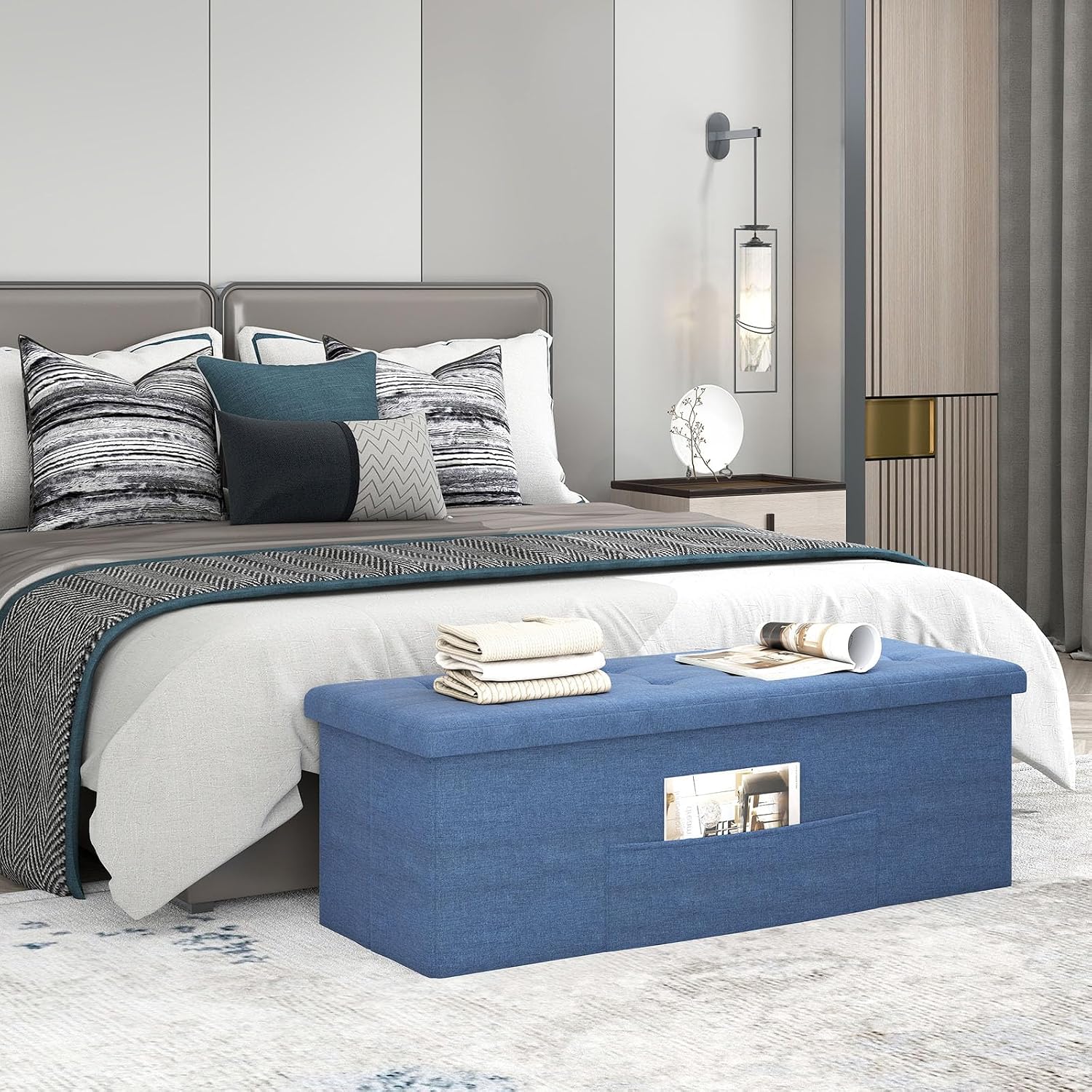 Giantex 43 Inches Folding Storage Ottoman Bench, Upholstered Storage Chest with Side Pocket, Divider, End of Bed Bench, Collapsible Ottoman Foot Rest for Living Room, Bedroom & Entryway (Navy)