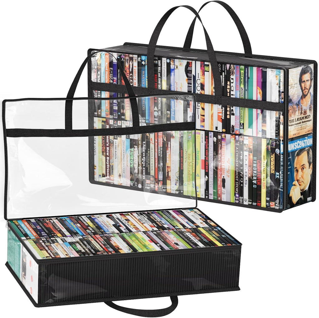 Lifewit DVD Storage Bags, Clear PVC Media Organizer with Handles, 2 Pack | Clear PVC with zipper and handles. Holds 180 DVDs (90 per bag). For Blu-ray, VHS, games, books, albums. Space-saving.