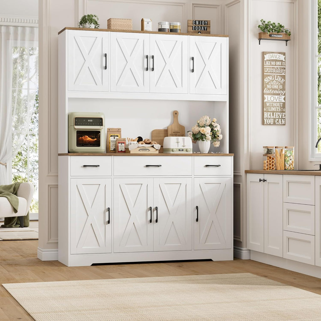 HOSTACK 71" Tall Kitchen Pantry Storage Cabinet, 55" W Kitchen Hutch, White | Large Pantry Cabinet with Charging Station / Countertop / 3 Drawers, Farmhouse Hutch Cabinet with Storage for Dining Room