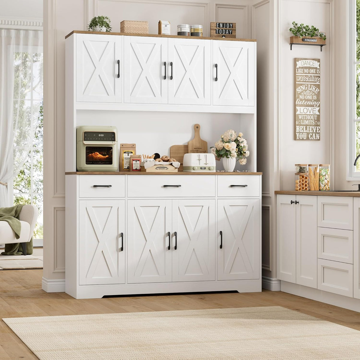 HOSTACK 71" Tall Kitchen Pantry Storage Cabinet, 55" W Kitchen Hutch, White | Large Pantry Cabinet with Charging Station / Countertop / 3 Drawers, Farmhouse Hutch Cabinet with Storage for Dining Room
