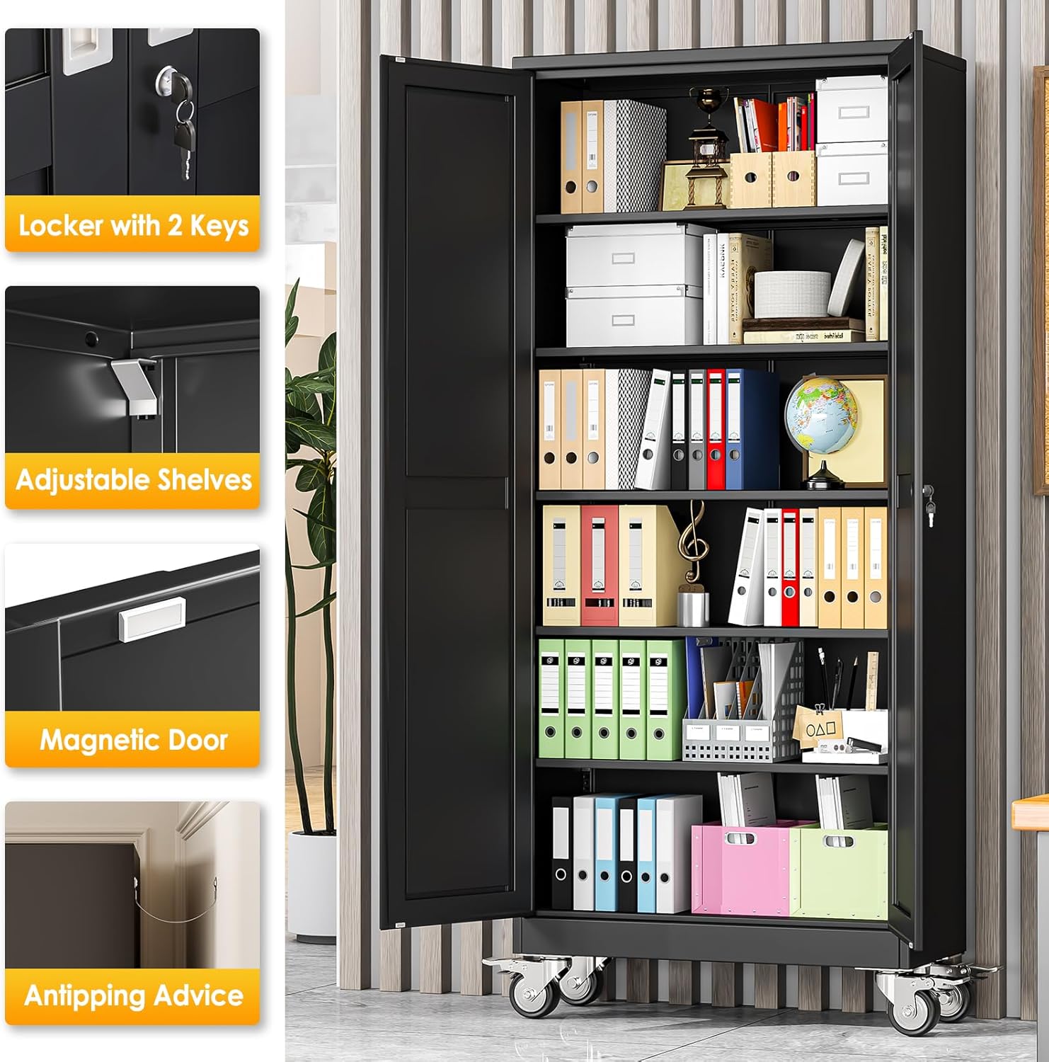 PAOFIN 75''H Metal Garage Storage Cabinet with Wheels,Steel File Cabinets with 2 Doors and 5 Adjustable Shelves for Home Office, Warehouse, Required Assembly,Black