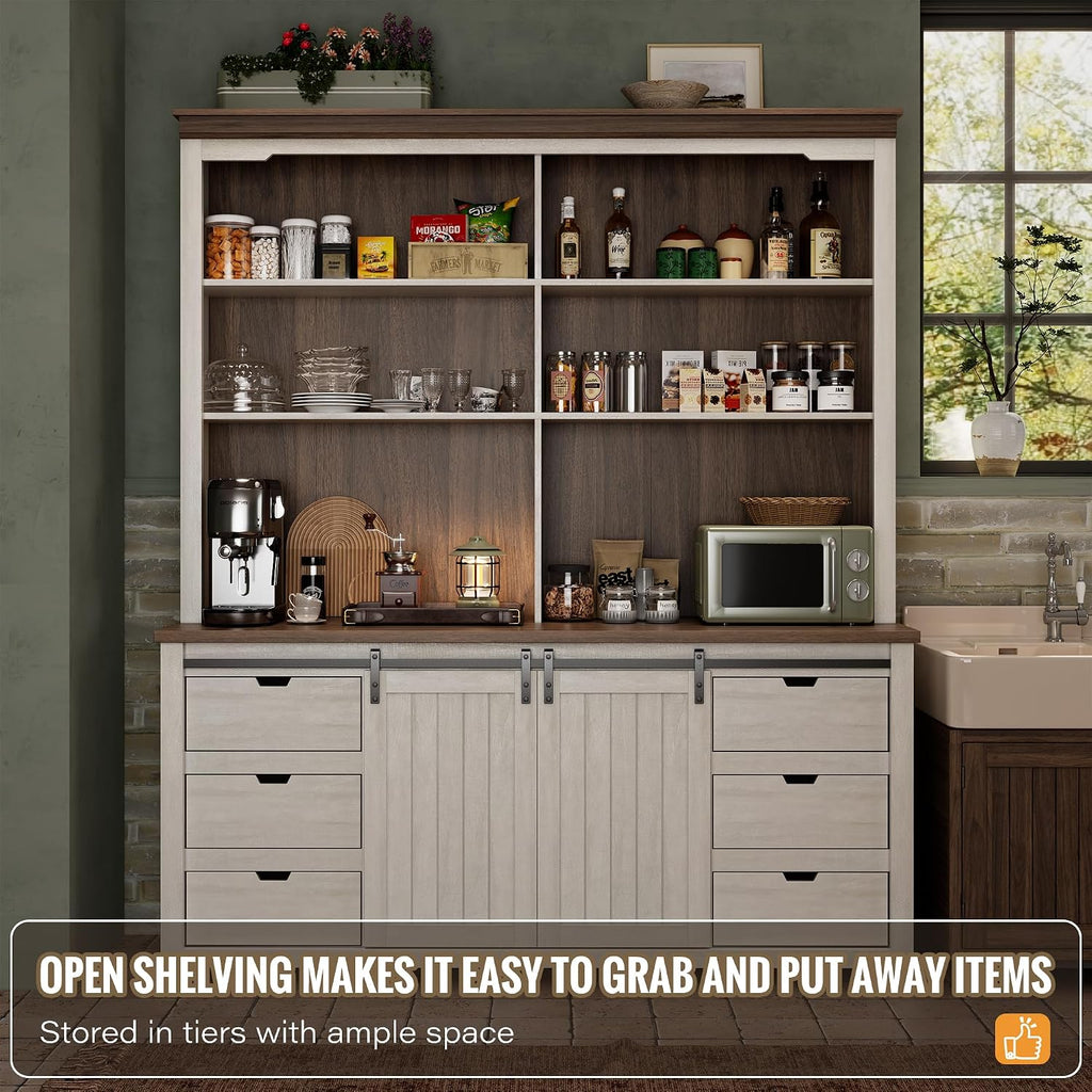 Sweet Memory 78.8" H Farmhouse Kitchen Hutch Cabinet with 3-Tier Open Shelves, Storage Pantry Cabinet with Wide Countertop, 6 Drawers and Barn Door Buffet Pantry with Storage for Dining/Living Room