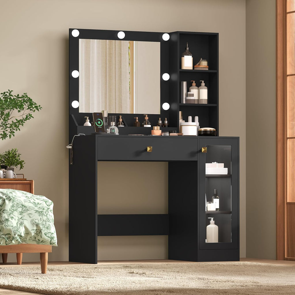 Black Vanity Desk with Mirror and Lights, 34" LED Small Vanity Table with Power Outlet & Large Storage Drawers, 3 Color Adjustable Lights, Dressing Table for Bedroom & Apartment
