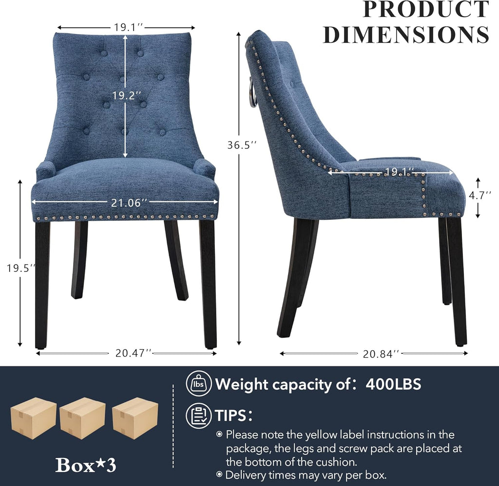 adochr Dining Chairs Set of 6, Upholstered Fabric Dining Room Chairs with Nailhead High Back & Ring Pull & Wooden Legs, Mid-Century Modern Kitchen Chairs for Restaurant, Living Room, Navy Blue