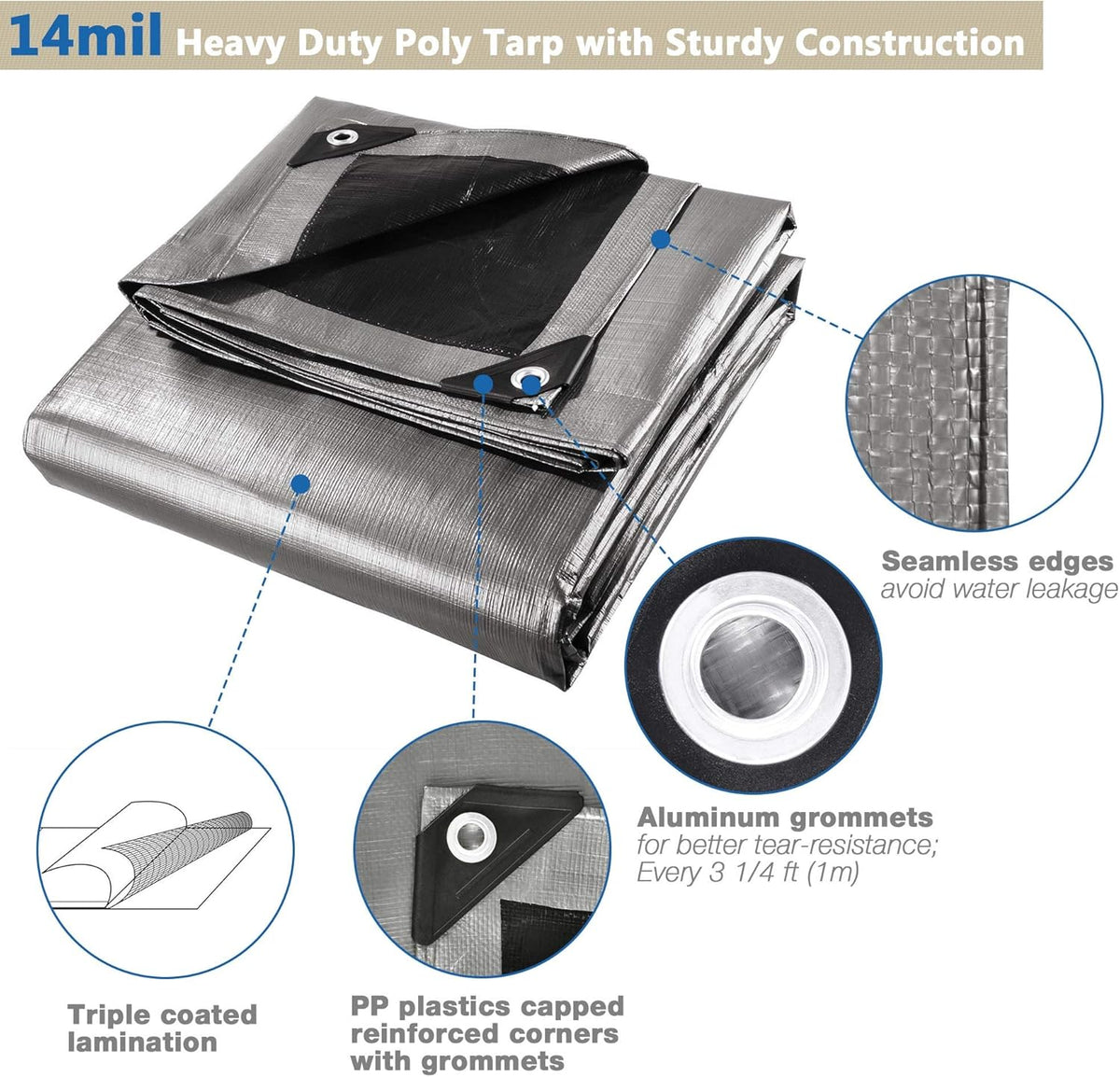 Yescom 12x20 Ft 14 Mil Heavy Duty Reinforced Poly Tarp Reversible Waterproof Tarpaulin Ground Sheet Cover Reversible Silver Black Tarps