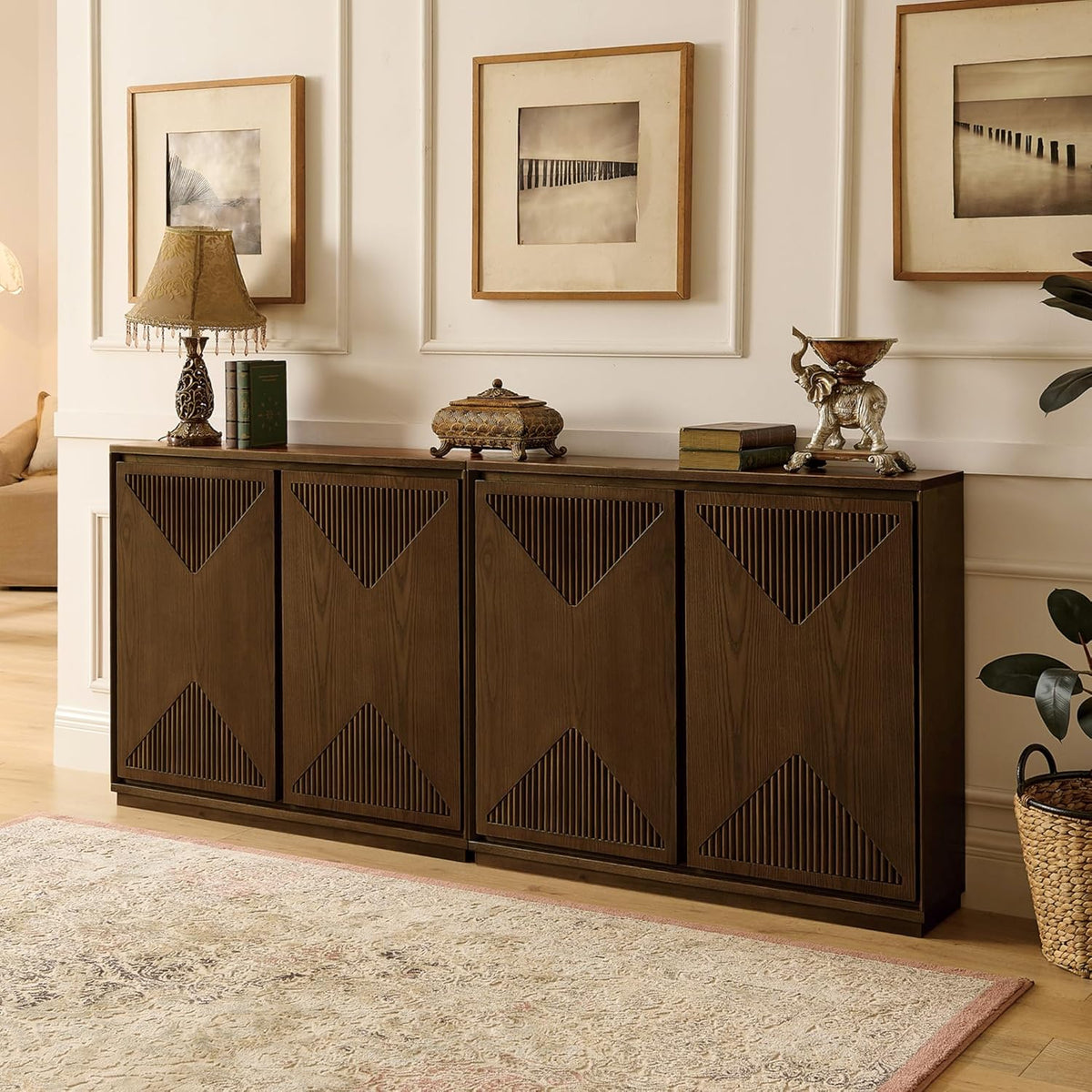 LKTART Mid Century Modern Sideboard Buffet Storage Cabinet with Doors and Shelves,Wood Coffee Bar Storage Cabinets for Kitchen, Dining Room, Living Room-Brown Walnut
