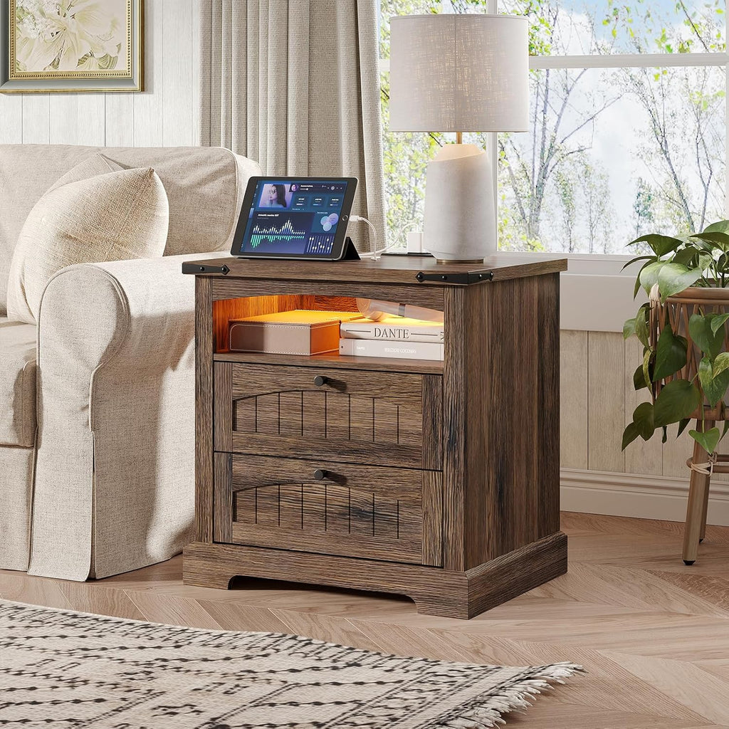 Vabches Nightstand with Charging Station and LED Lights, Vintage End Table with 2 Drawers, Wood Rustic Sofa Side Table with Open Storage Shelf for Bedroom, Living Room, Dark Brown