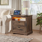 Vabches Nightstand with Charging Station and LED Lights, Vintage End Table with 2 Drawers, Wood Rustic Sofa Side Table with Open Storage Shelf for Bedroom, Living Room, Dark Brown