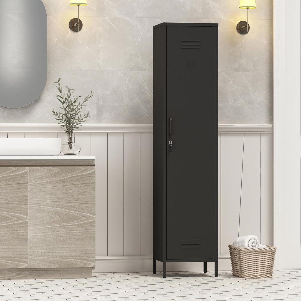 Tall Single Door Metal Locker with Adjustable Shelves, Black Tall Metal Locker Storage Cabinet，Easy Assembly for Living Room （15.8”W x 15”D x 70.9”H ）