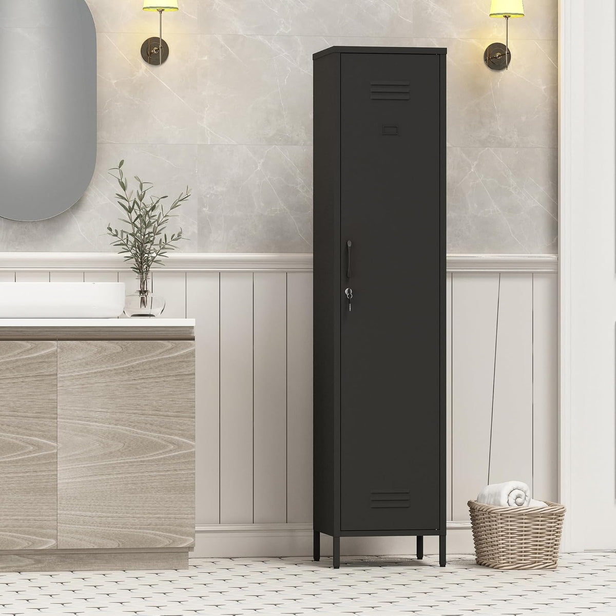 Tall Single Door Metal Locker with Adjustable Shelves, Black Tall Metal Locker Storage Cabinet，Easy Assembly for Living Room （15.8”W x 15”D x 70.9”H ）
