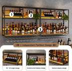 Metal Wall Mounted Liquor Shelf with LED, 31.5in Black (31.5in/80cm) | Floating shelf w/wine glass rack, 45° adjustable step display rack (L-R), for Kitchen/Bar/Cafe/Shop