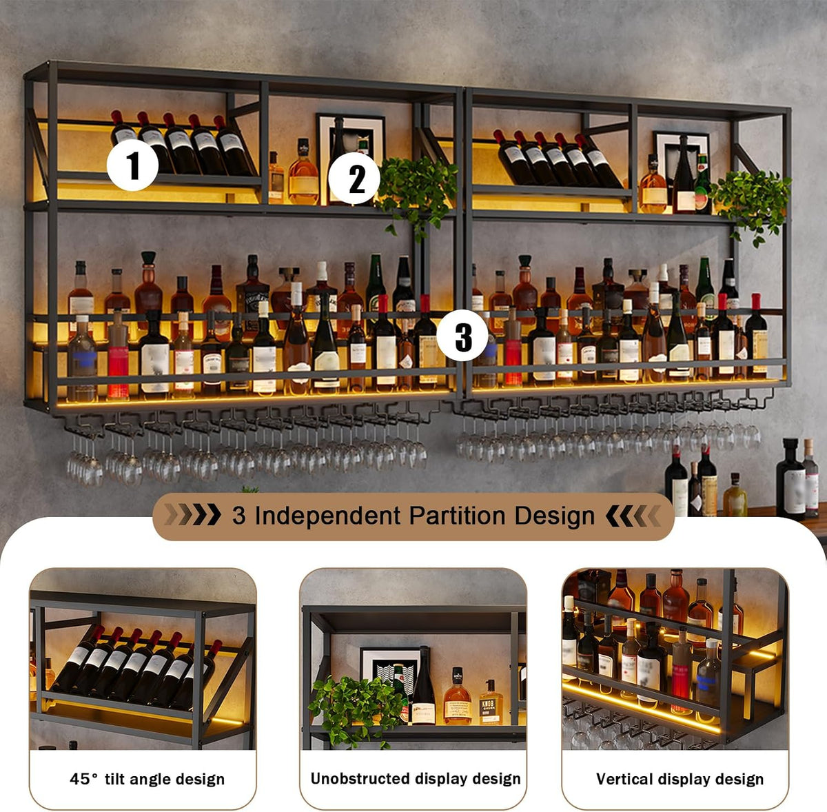 Metal Wall Mounted Liquor Shelf with LED, 31.5in Black (31.5in/80cm) | Floating shelf w/wine glass rack, 45° adjustable step display rack (L-R), for Kitchen/Bar/Cafe/Shop
