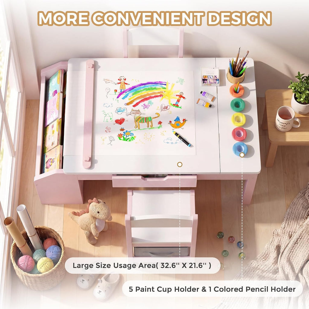 5-in-1 Kids Art Table and Chairs Set, Convertible Toddler Table and Chair Set with Art Easel, Paper Roll Holder, Storage Drawers and Craft Play Desk, Wooden Activity Learning Table for Kids, Pink