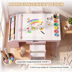 5-in-1 Kids Art Table and Chairs Set, Convertible Toddler Table and Chair Set with Art Easel, Paper Roll Holder, Storage Drawers and Craft Play Desk, Wooden Activity Learning Table for Kids, Pink