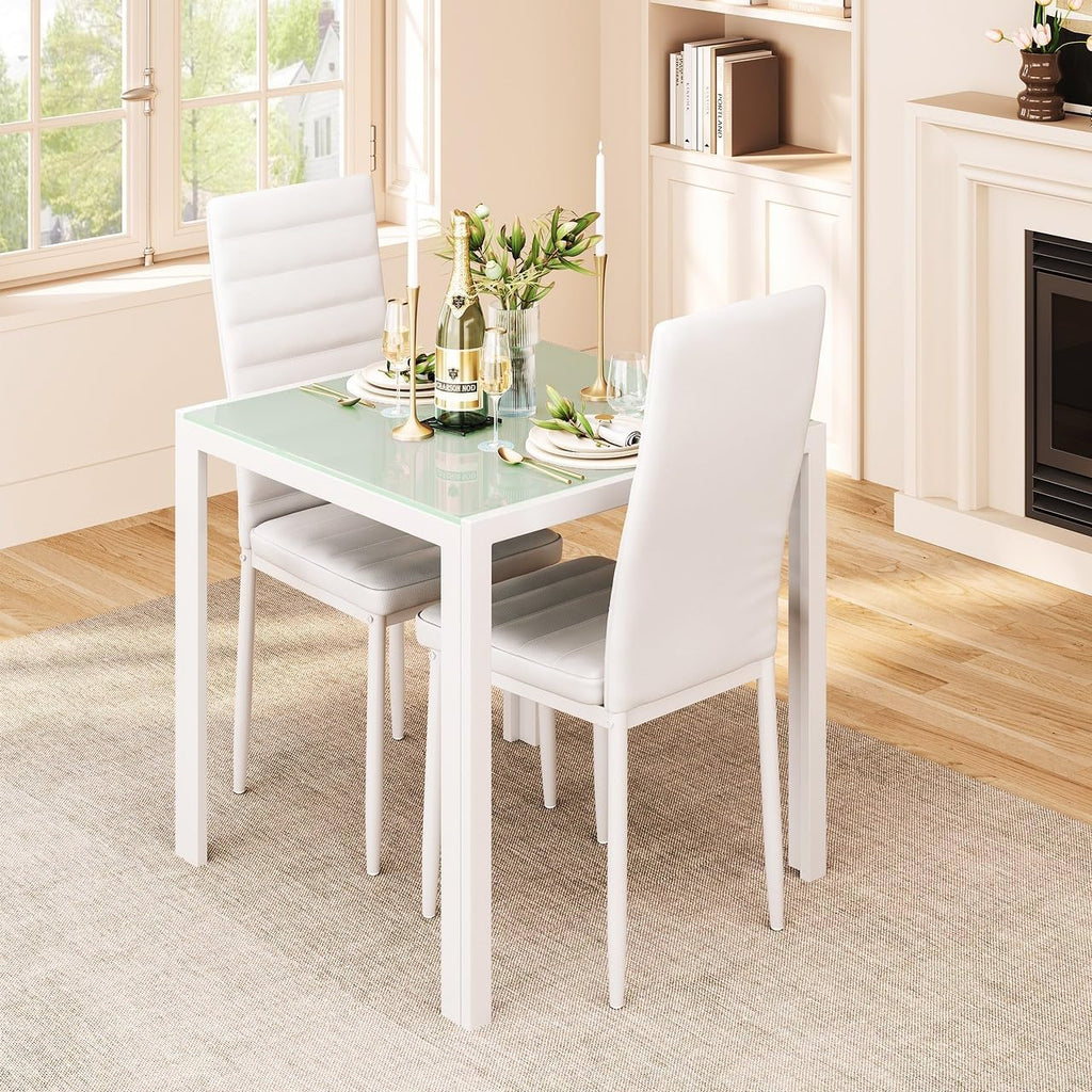 Gizoon 3 Piece Glass Dining Table Set, Kitchen Table and Chairs Set for 2 | PU Leather Modern Room Sets,Small Dining Table Sets,Space Saving Table and Chairs Set for Home, Kitchen,Living Room, White