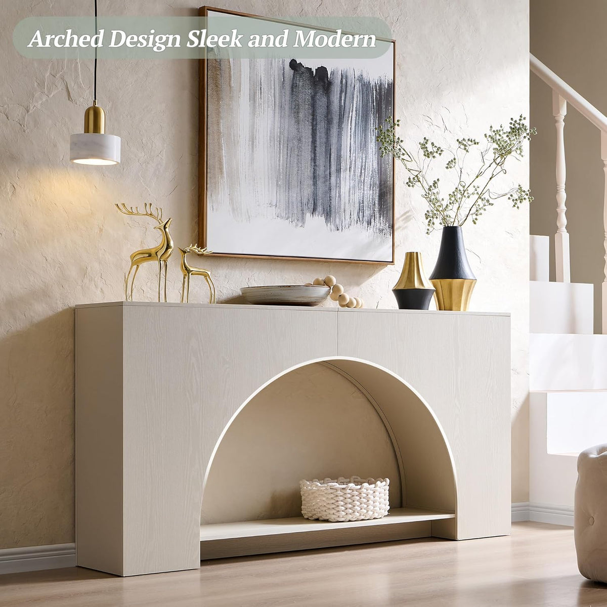 IFGET 63" Arched Console Table, 2-Tier Modern Entryway Table with Arched Base, Narrow Long Wood Sofa Table Behind Couch Table for Living Room, Hallway, Foyer, Cream