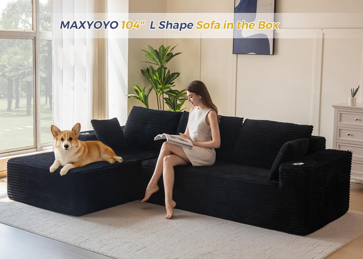 MAXYOYO 104" Modular Sectional Couch with L-Shape Chaise, Modern Couch for Living Room, Sofa in A Box, Oversized Sofa with Deep Seat, No Assembly Required, Black