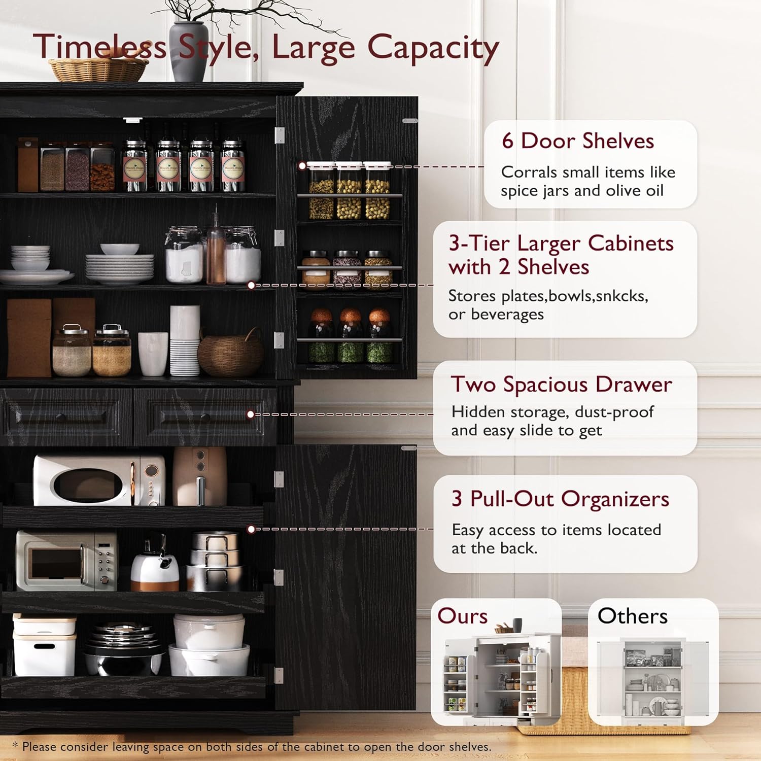 Virubi 71" Tall Kitchen Pantry Cabinet with 3 Pull Out Cabinet Organizers, Farmhouse Embossed Texture Storage Cupboard with Door Shelves, Adjustable Shelves, Anti-Tip Kit for Kitchen & Dining (Black)