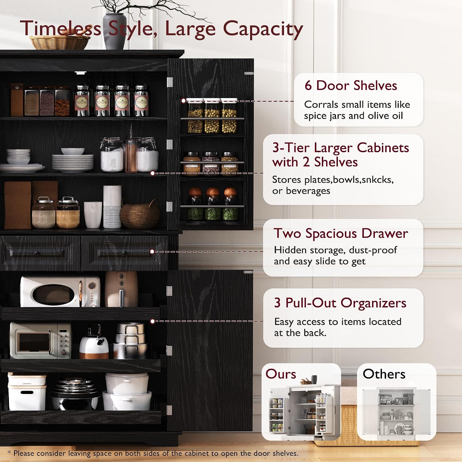 71" Tall Kitchen Pantry Cabinet, Freestanding Pantry Storage Cabinet with 3 Pull Out Organizers, 6 Door Shelves & 2 Drawers, Farmhouse Embossed Texture Cupboard for Kitchen, Dining Room, Black