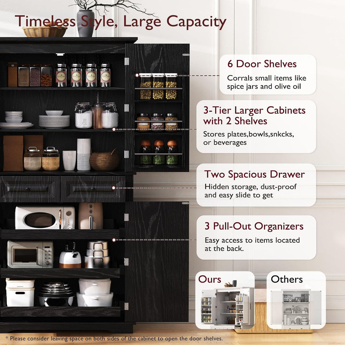 Ball & Cast 71" Farmhouse Kitchen Pantry Cabinet with 3 Pull-Out Organizers, Tall Storage Cabinet with 4 Doors, 2 Drawers, 6 Door Shelves & Adjustable Shelves, Freestanding Cupboard, Black