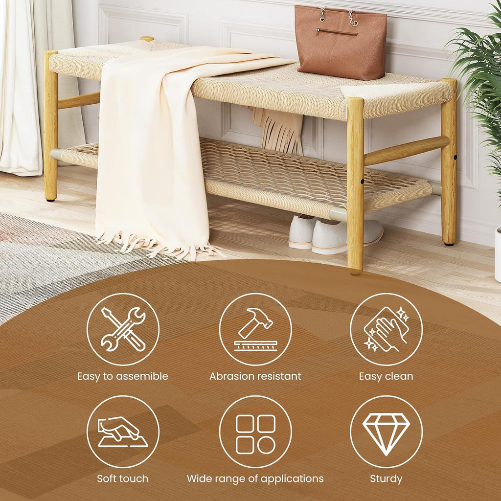 Recaceik Indoor Entryway Bench with Paper Cord Ottoman & Grid Storage Rack, Mid-Century Long Bench with Rubber Wood Legs, French Vanity End Bed Bench for Bedroom Living Room Channel