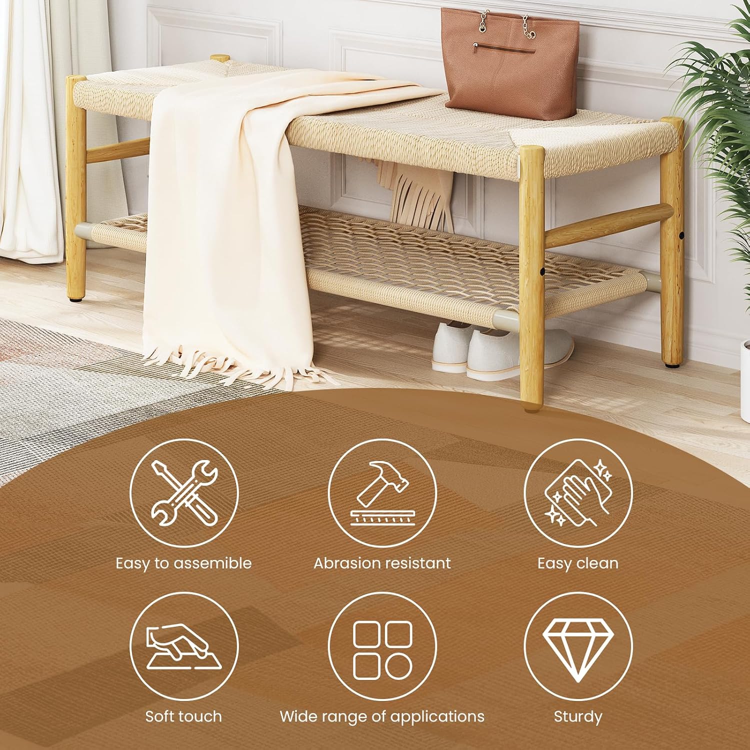 Recaceik Indoor Entryway Bench with Paper Cord Ottoman & Grid Storage Rack, Mid-Century Long Bench with Rubber Wood Legs, French Vanity End Bed Bench for Bedroom Living Room Channel
