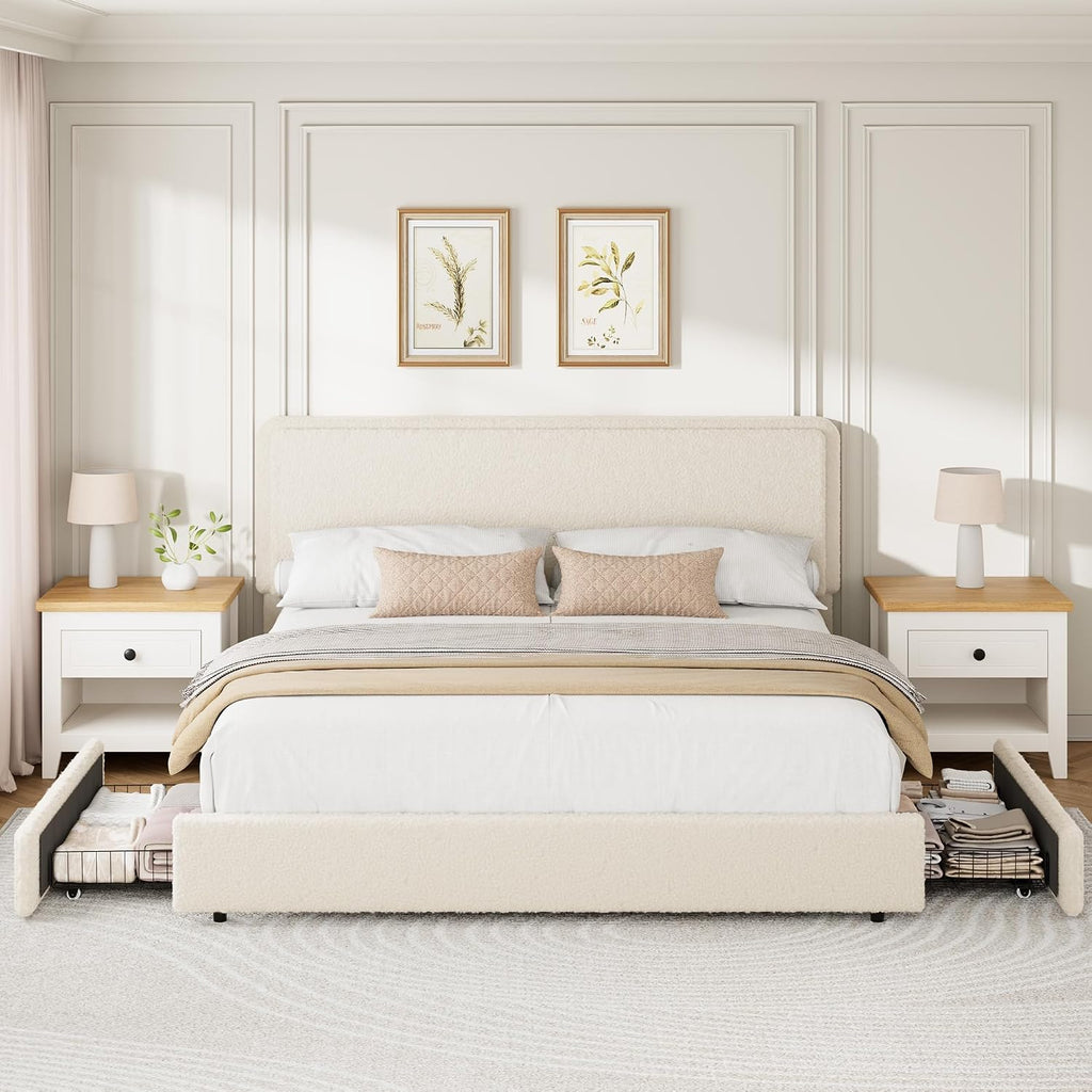 IDEALHOUSE King Bed Frame with 2 Storage Drawer and Upholstered Headboard