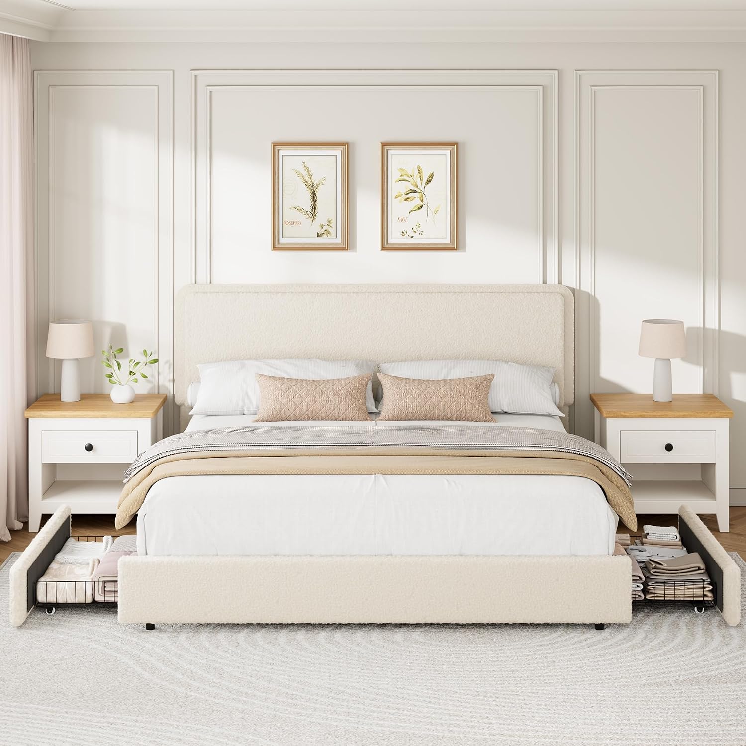 IDEALHOUSE King Bed Frame with 2 Storage Drawer and Upholstered Headboard