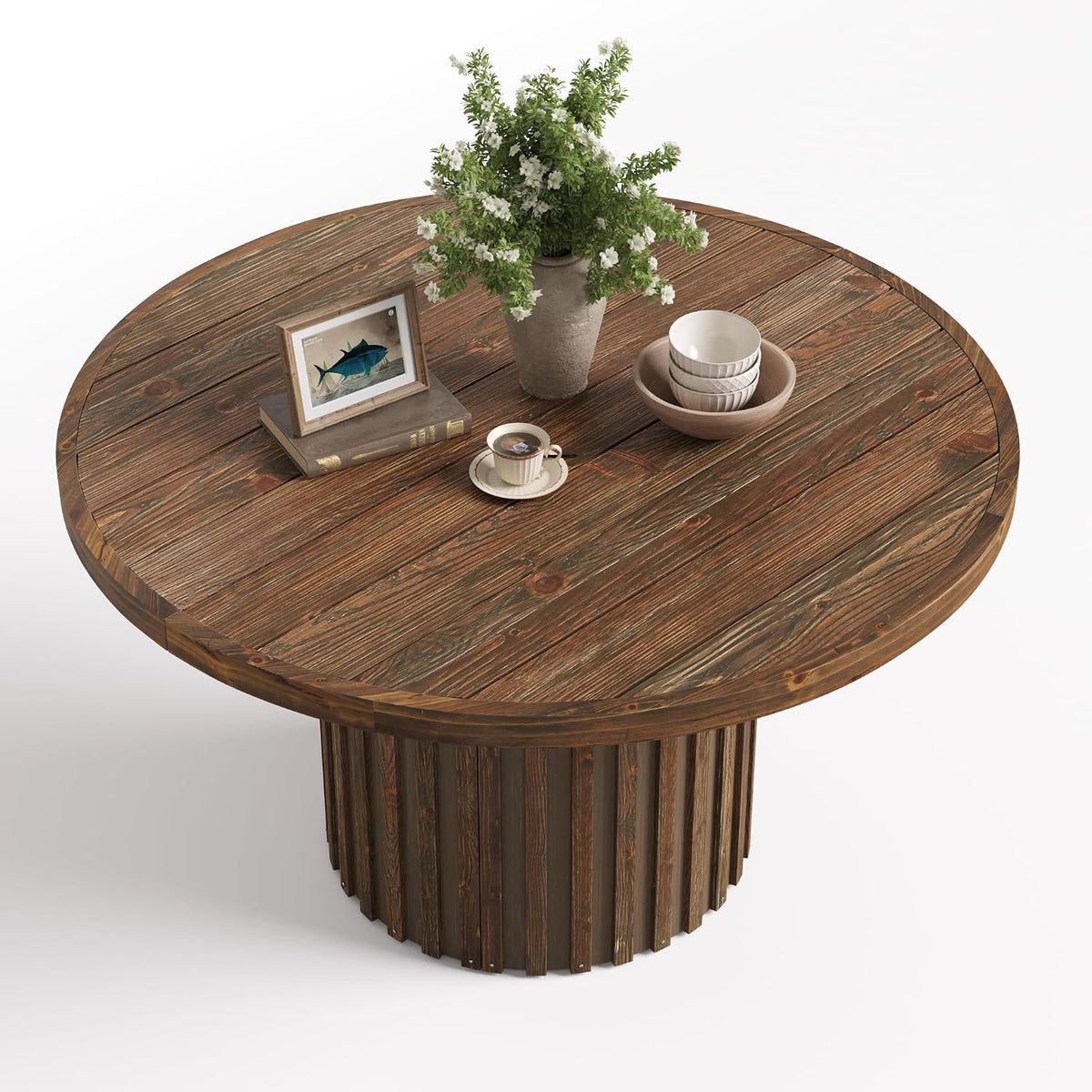Tribesigns 47-Inch Round Dining Table for 4-6, Farmhouse Wood Kitchen Table with Striped Pedestal Base, Circle Wooden Dining Room Furniture for Kitchen Living Room, Dark Brown