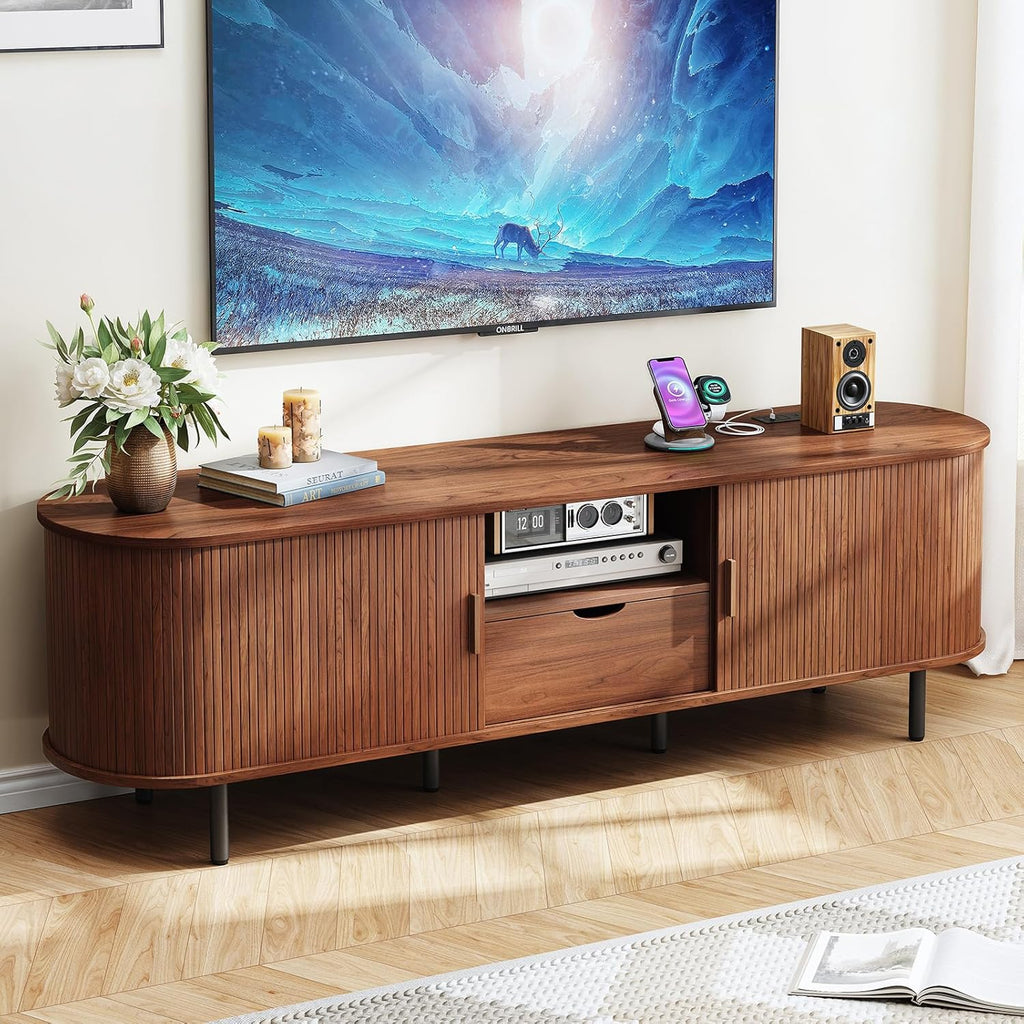 ONBRILL 69" TV Stand with Power Outlet for TVs up to 80", Walnut | Entertainment Center with Storage and Drawer TV Console w/ Adjustable Shelves & Sliding Door TV Stand for Living Room Bedroom