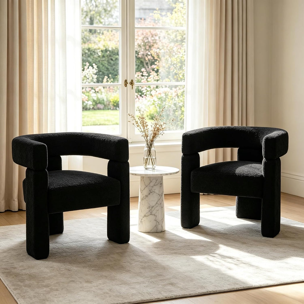 Sherpa Barrel Accent Chairs Set of 2, Modern Boucle Dining Room Chairs, Comfy Upholstered Side Chair with Arm, Cozy Sitting Chair for Bedroom/Kitchen/Living Room/Office, Black