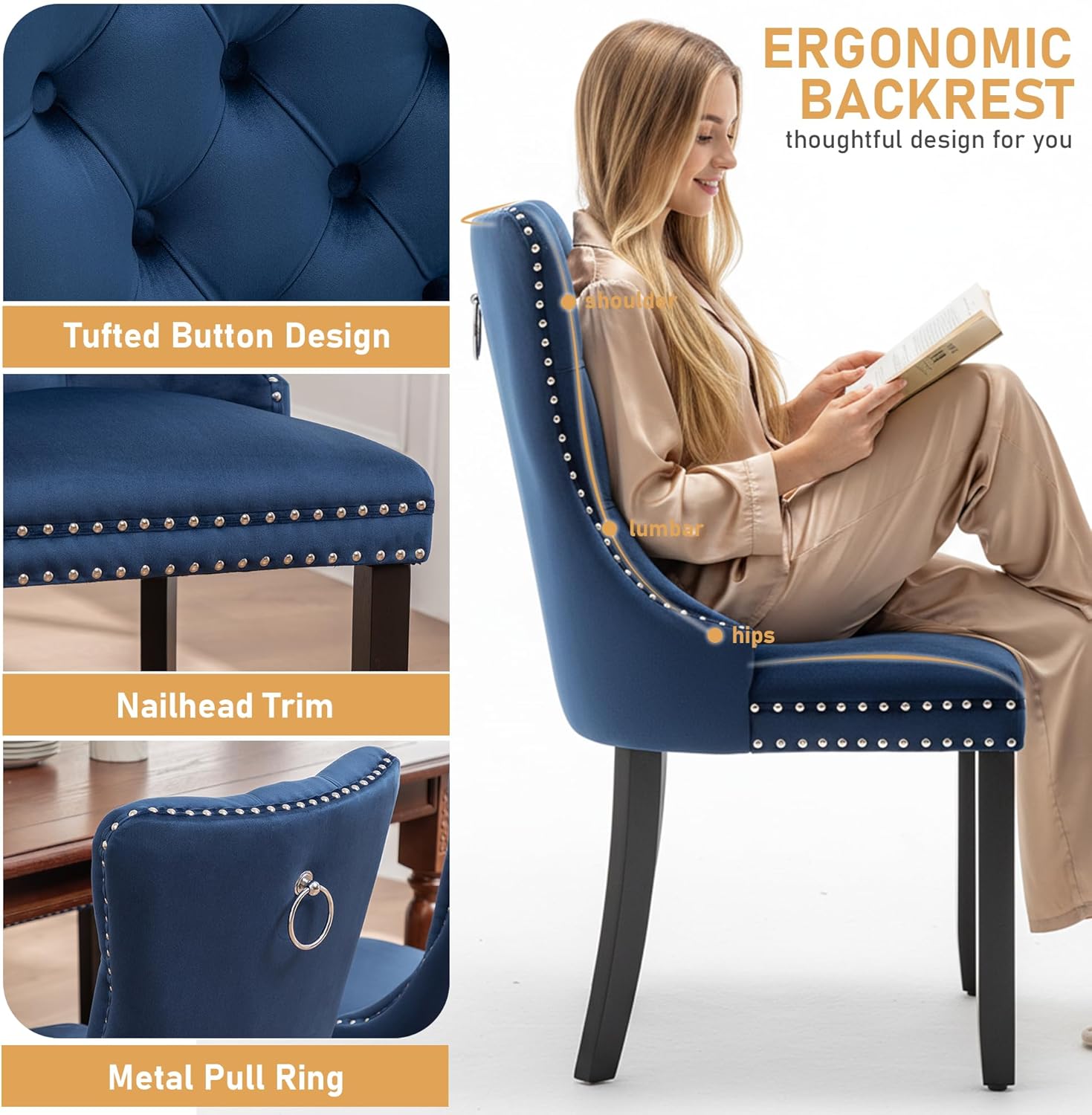 Mid Century Modern Dining Chair Set of 4 Velvet Upholstered Dining Accent Chair Farmhouse Dining Chairs with High Back and Nailhead Trim for Kitchen, Living Room, Bedroom (Blue)