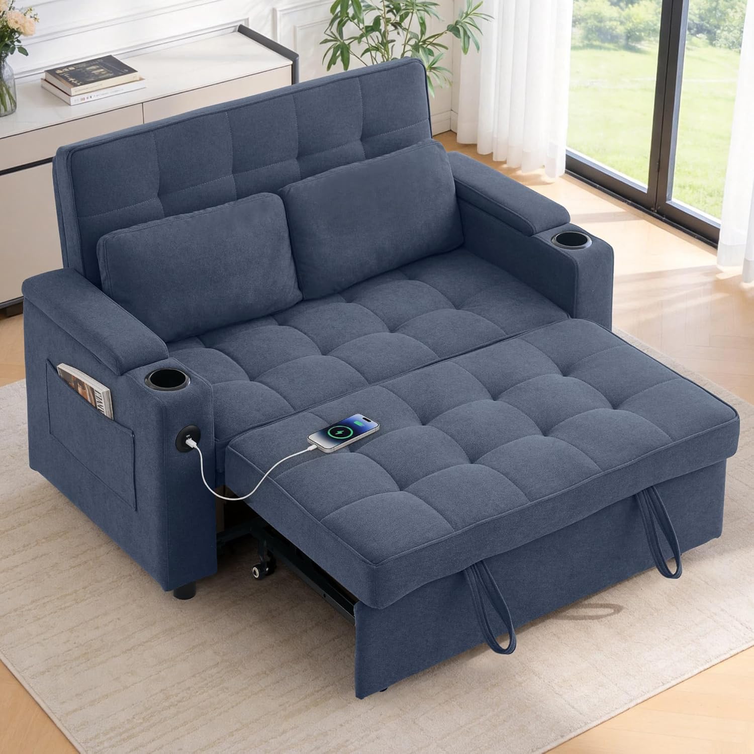 Korser 55.5'' 3-in-1 Convertible Sofa Bed, Pull Out Couch with 5-Position Adjustable Backrest, Loveseat Sleeper Sofa for Small Spaces, Sofa Couch with Cup Holders for Living Room, Office, Chenille