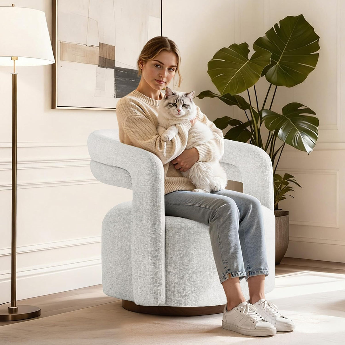 KISLOT, Swivel Accent Chair, Modern Arm Chair with Wooden Base, Wheat, 2PCS | Upholstered Barrel Chair with Open Back Design, Modern Arm Chair with Wooden Base Wheat, Living Room Bedroom Reading