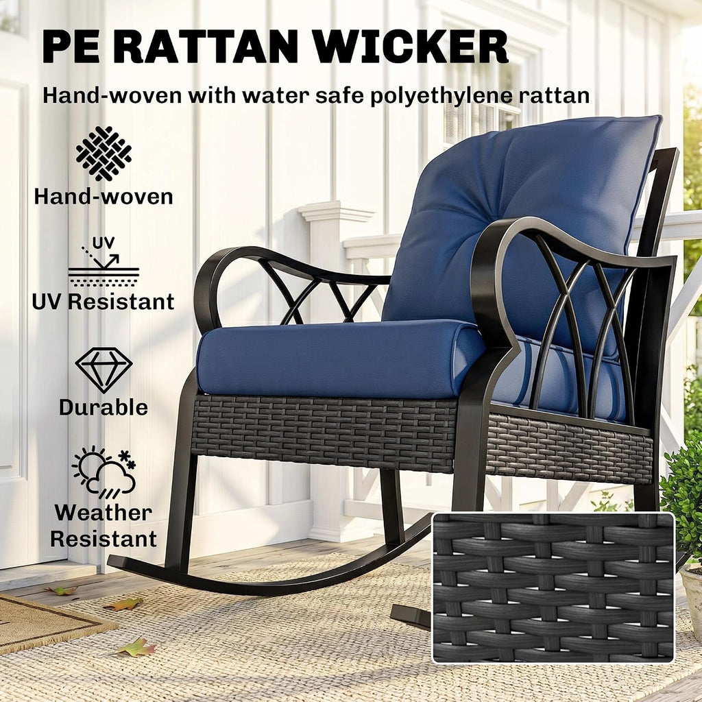 Outsunny 2 Piece Outdoor Wicker Rocking Chairs with Padded Cushions, Aluminum Furniture Rattan Porch Rocker Chairs w/Armrest for Garden, Patio, and Backyard, Blue