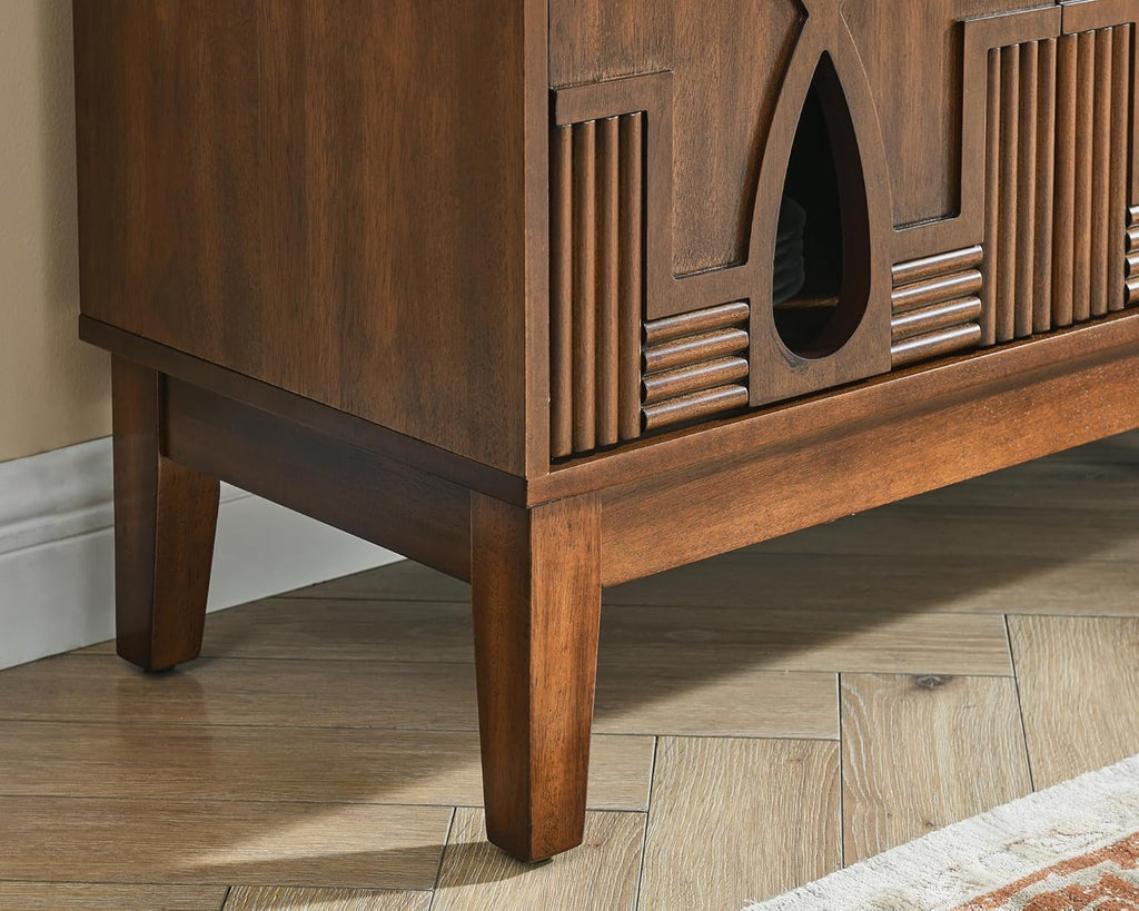 LKTART 60" Mid Century Modern Sideboard Buffet with Hollow Carved Doors and Outlet Holes,Vintage Accent Cabinet Credenzas Storage Cabinet Walnut