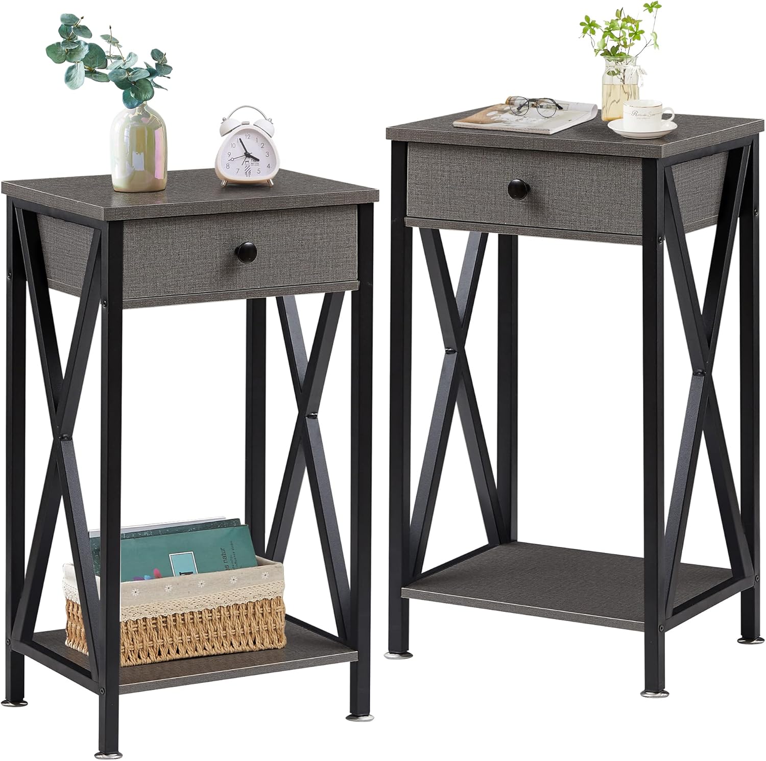 VECELO Tall Nightstand,27.6 inch Wooden End Table with Metal X-Frame,Side Table with Drawer and Storage Shelf for Living Room Bedroom Entryway Small Spaces