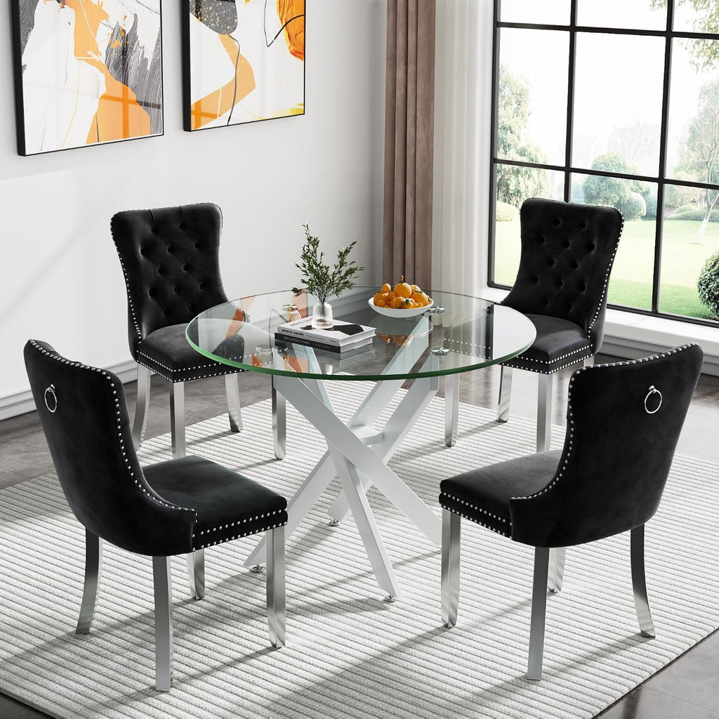 Modern Round Dining Table for 4, 36" Circle Glass Kitchen Dining Room Table with White Metal Cross Legs, Tempered Glass Tabletop, Perfect for Dinner Kitchen Living Dining Room