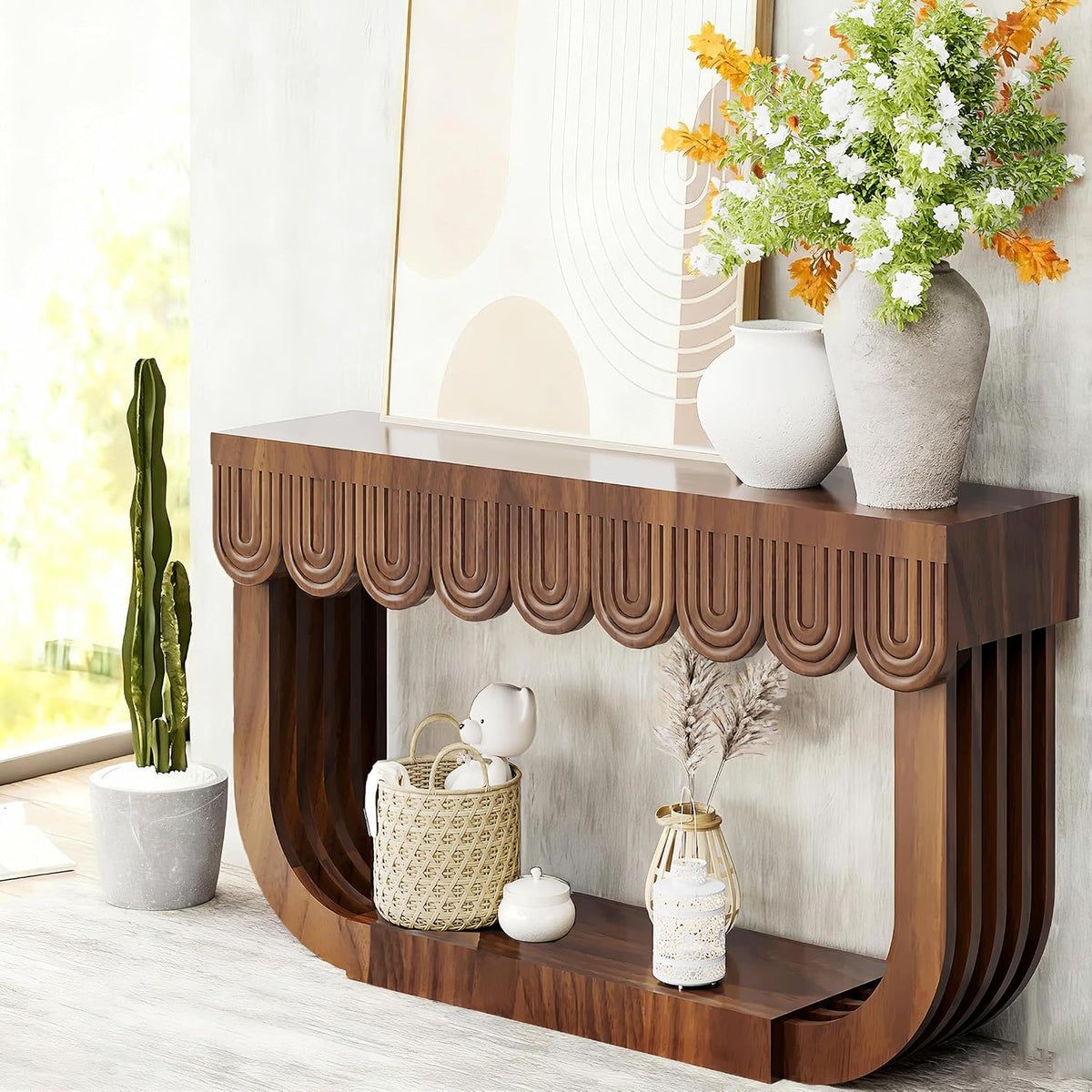 56 Inch Mid-Century Entryway Table, Console Table with 3 Drawers, Modern Sofa Table for Hallway Foyer - Behind Couch Storage, Fluted Entry Table for Living Room Front Door, Long Entrance Tables